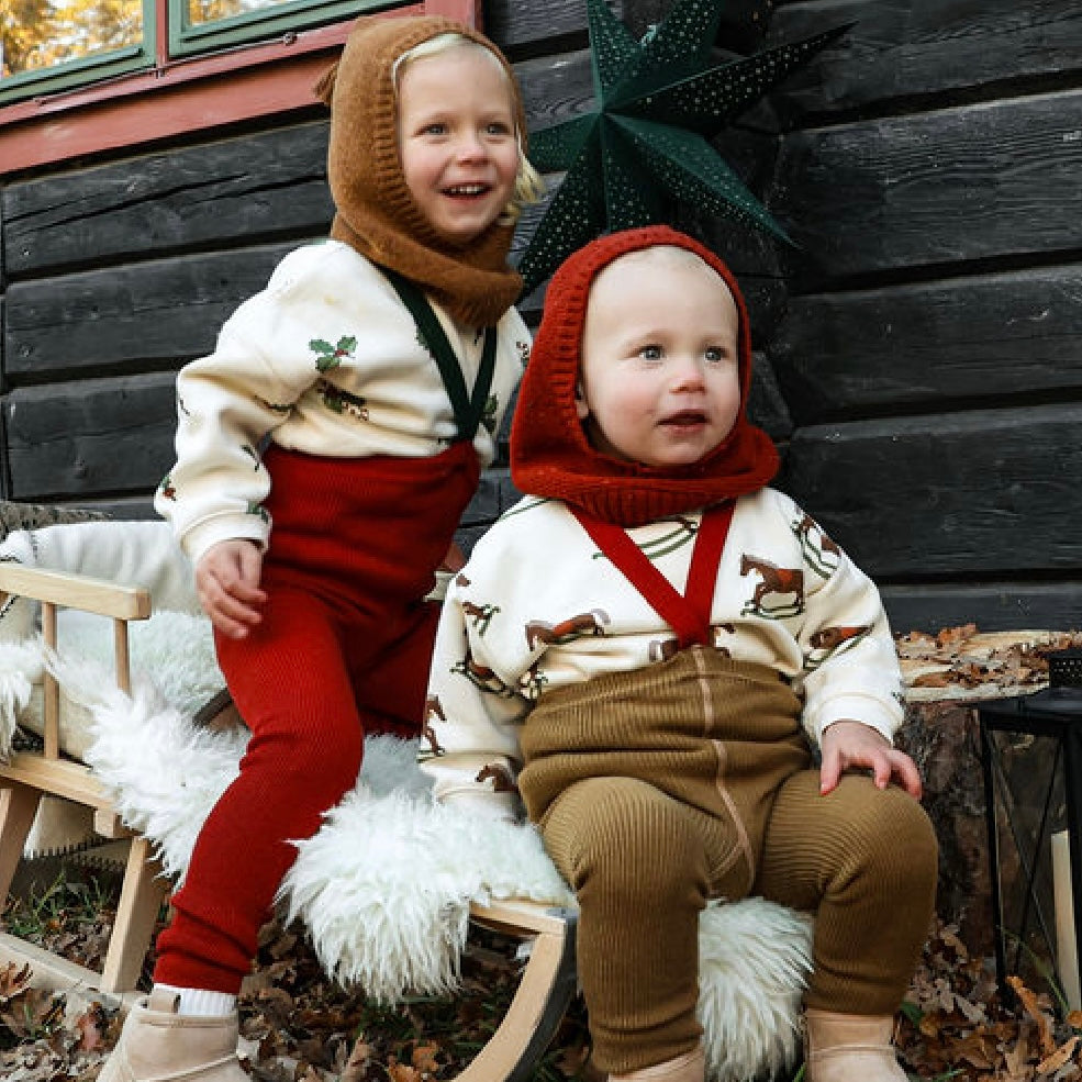 Silly Silas Festive Tights with Braces (Maple Leaf + Dark Forest Green)